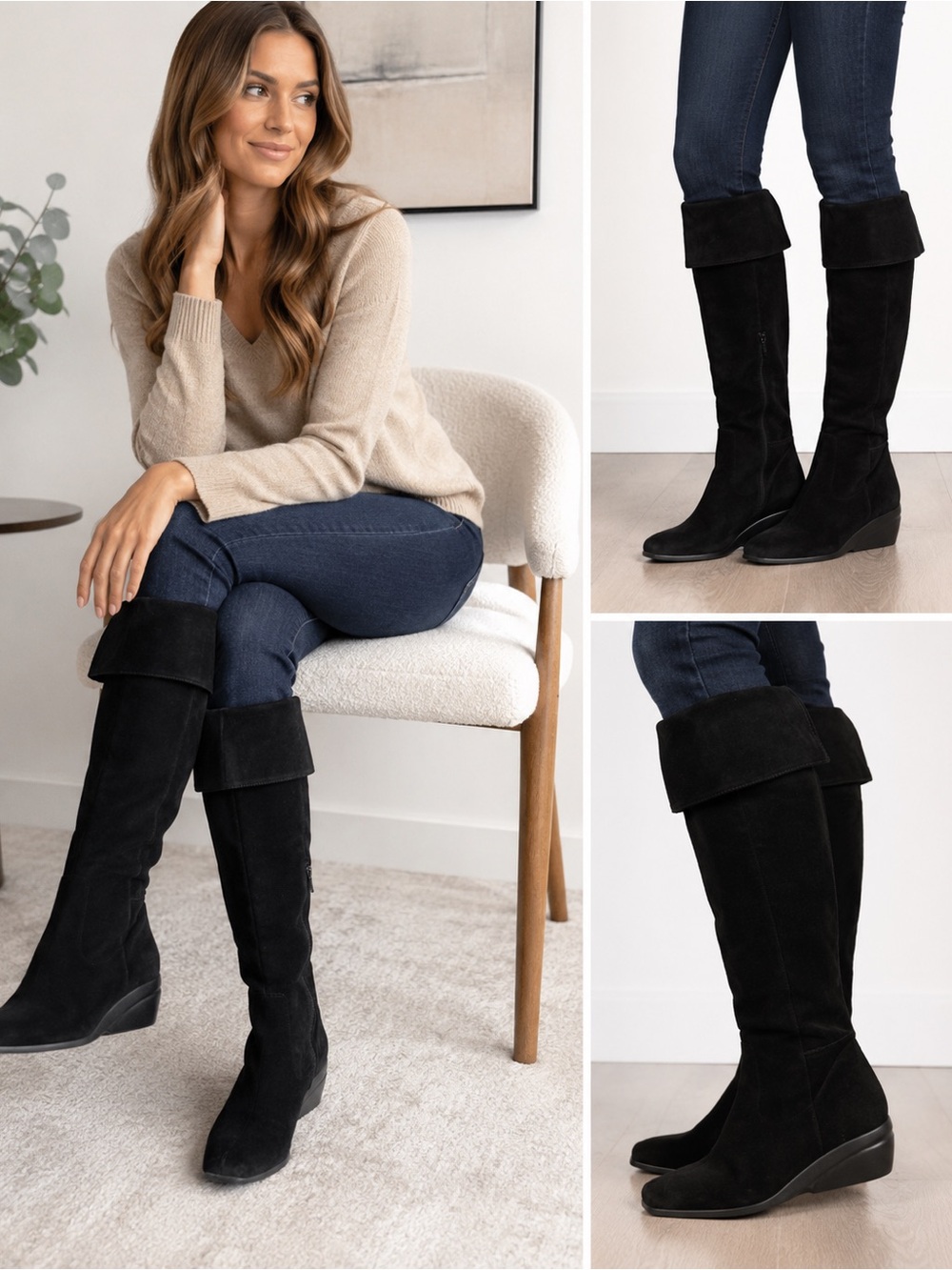 Nine West Black Suede Fold Over Knee-High Wedge Boots